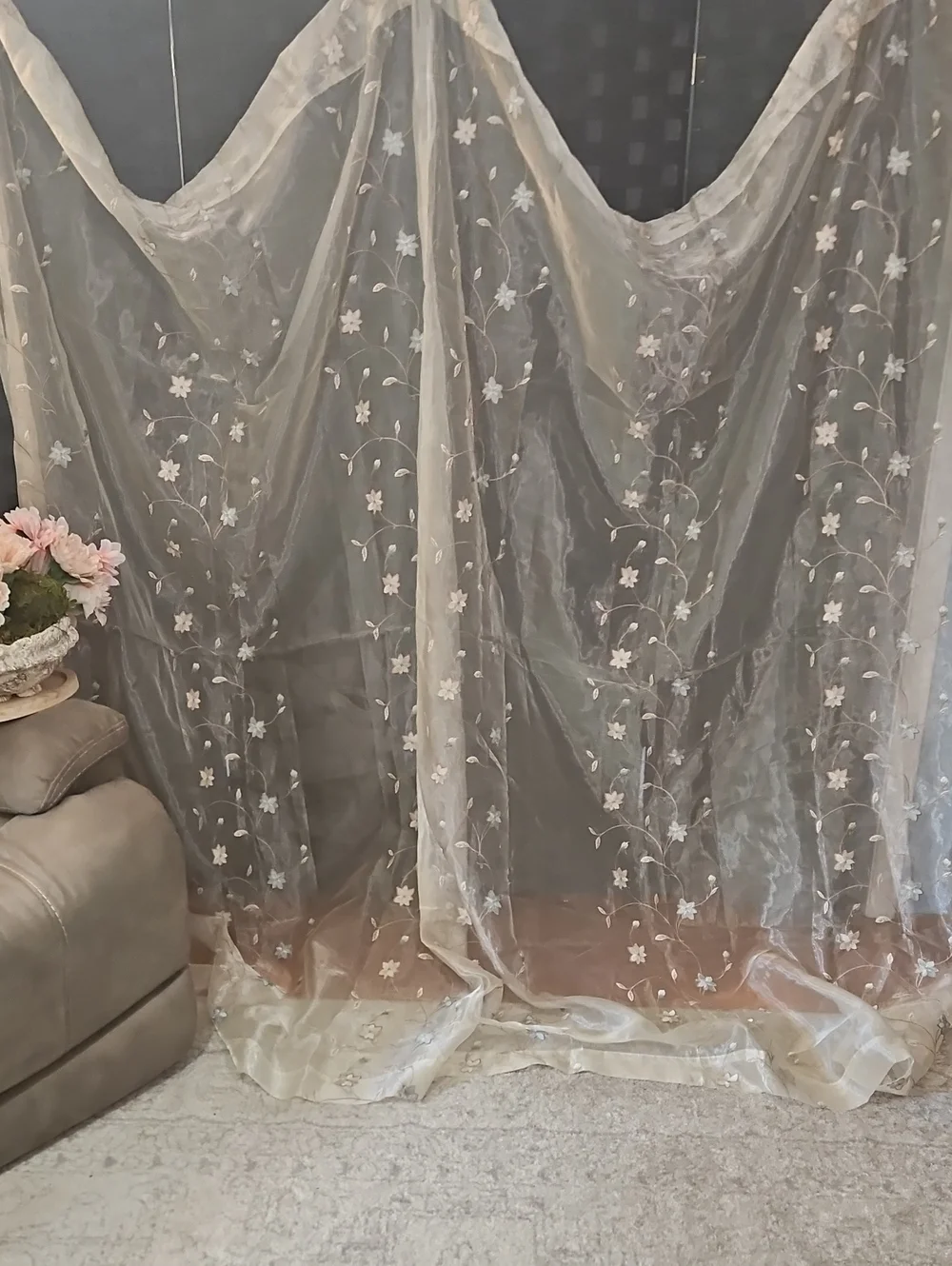 Pair Of 2 Champagne Sheer Embroidered Floral Curtain Panels  84